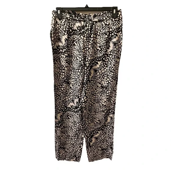 Chico's Black Label Pants Size 10 Silk Blend Elastic Waist NWT Black Beige